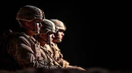  a group of military men sitting next to each other in a dark room with one man talking on a cell phone and the other man holding a cell phone to his ear. - obrazy, fototapety, plakaty