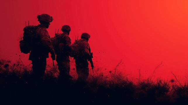  a group of soldiers standing next to each other in a field with a red sky behind them in the background is a silhouette of a field with tall grass and bushes.