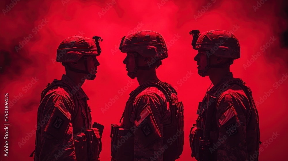 Poster a group of soldiers standing next to each other in front of a red smoke filled background with the s