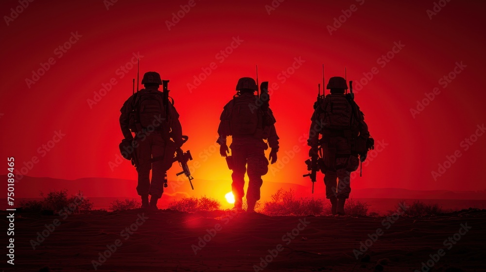Poster a group of soldiers standing next to each other in front of a bright red sky with the sun setting in