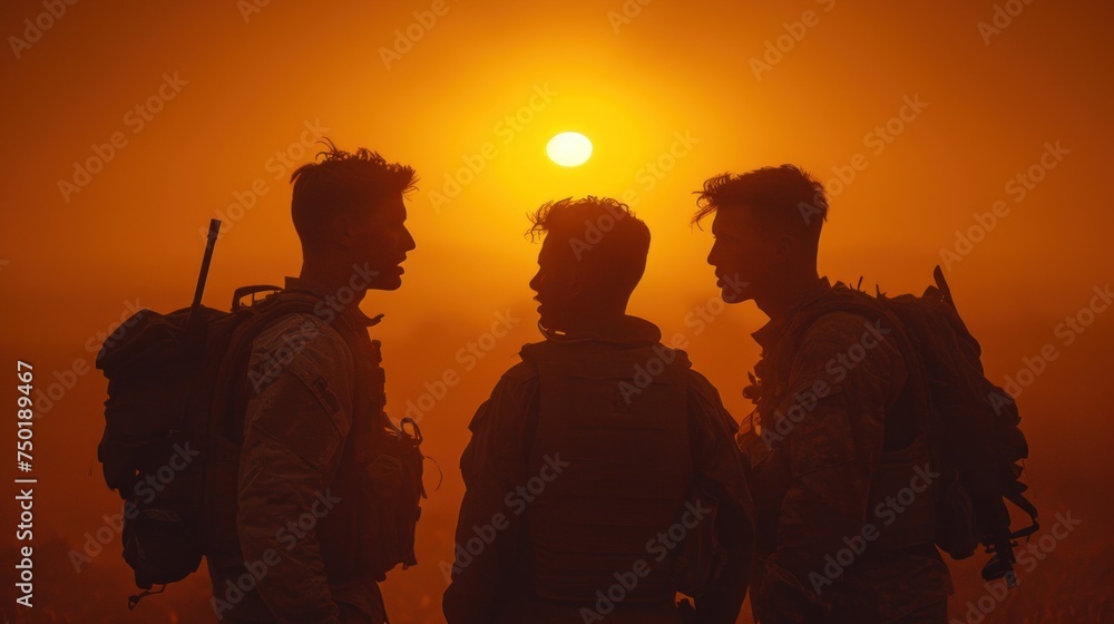 Poster a group of men standing next to each other in front of a bright orange sky with the sun in the backg
