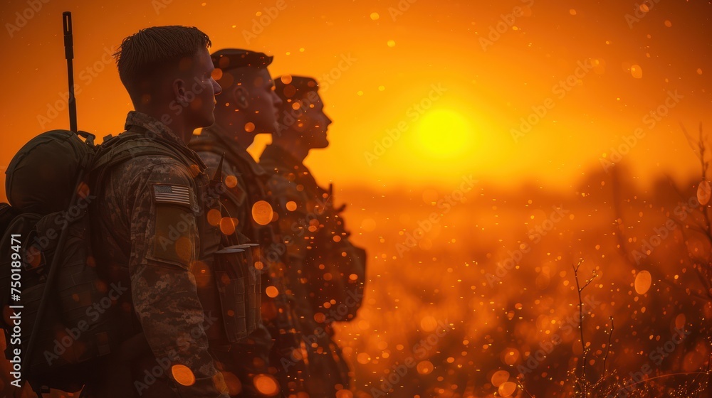 Poster a group of men standing next to each other on top of a grass covered field with the sun setting in t