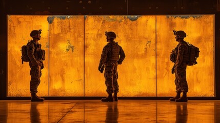  a group of soldiers standing next to each other in front of a wall with a yellow light in the middle of the room and two soldiers facing away from the camera.