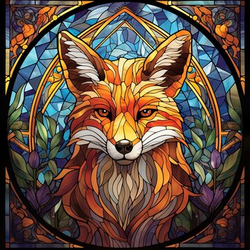 Illustration in stained glass style with an abstract image of a red fox , Ai Generated