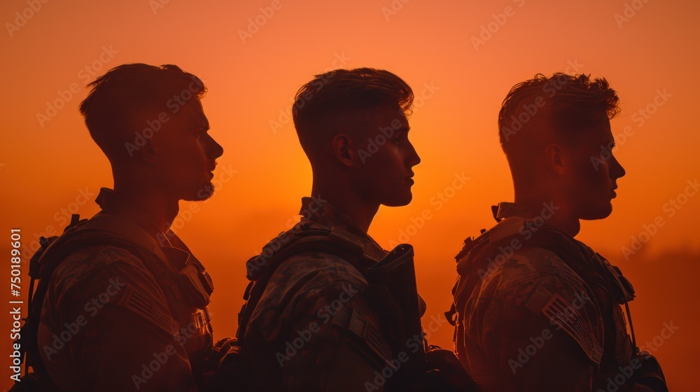 Poster a couple of men standing next to each other in front of a sky with the sun in the back of the two me