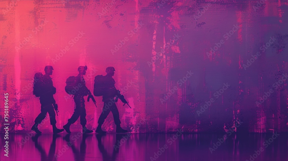 Poster a group of people with backpacks walking in front of a pink and purple background with a reflection 