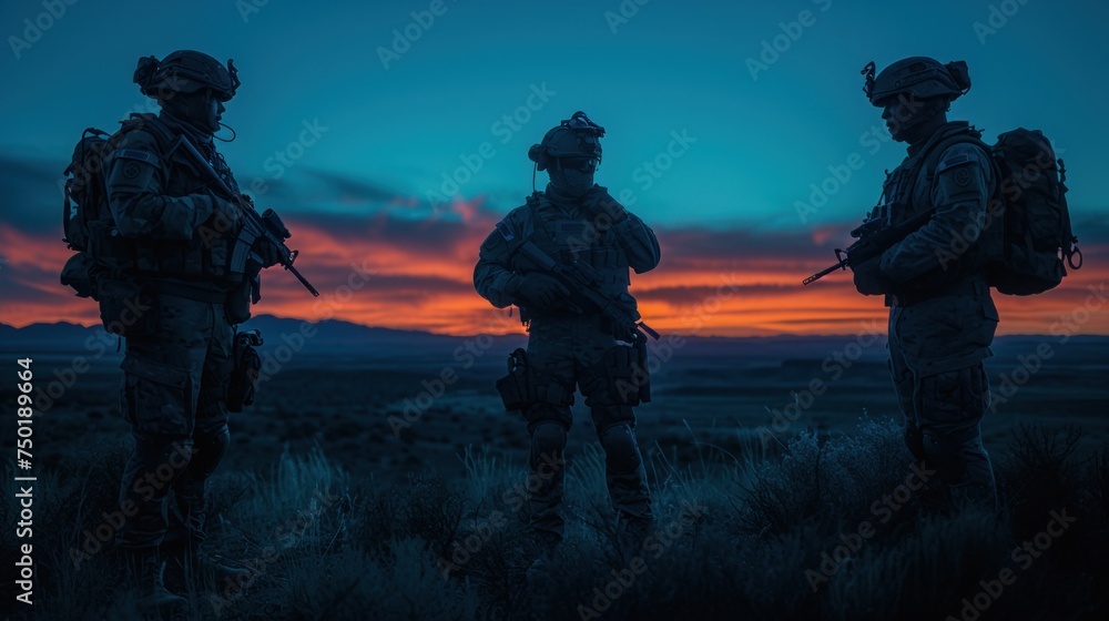 Poster a group of men standing on top of a grass covered field next to a field with a sky filled with cloud