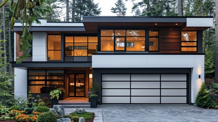 Modern Luxury Home Exterior at Twilight.