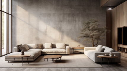 A modern living room featuring textural wall finishes in subtle shades of grey