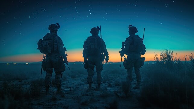  a group of soldiers standing next to each other in a field at night with the sun setting in the sky behind them and stars in the sky above the horizon.