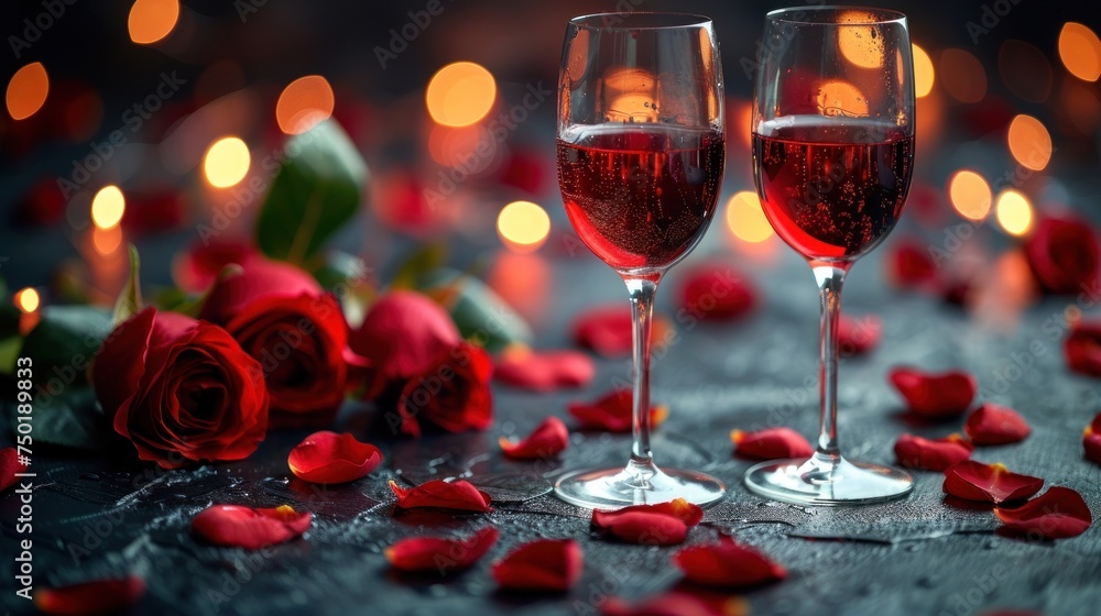 Poster two glasses of wine sitting next to each other on a table with red rose petals on the table and ligh