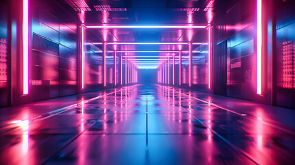 Dark technology corridor with server systems, illustrating the backbone of digital storage and networking in a futuristic setting - obrazy, fototapety, plakaty