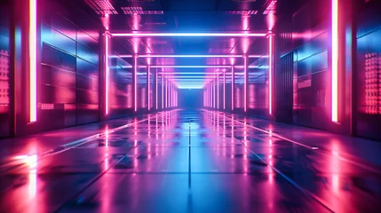 Foto op Plexiglas Dark technology corridor with server systems, illustrating the backbone of digital storage and networking in a futuristic setting © MdIqbal