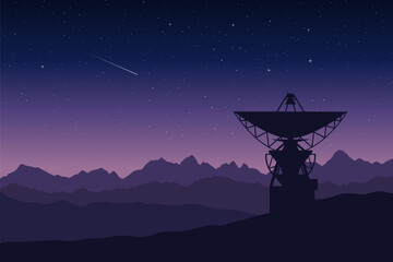 Vector illustration of a radio telescope in a remote mountain location at night. Silhouette of a large antenna of observatory space research station against starry sky © KatBaid