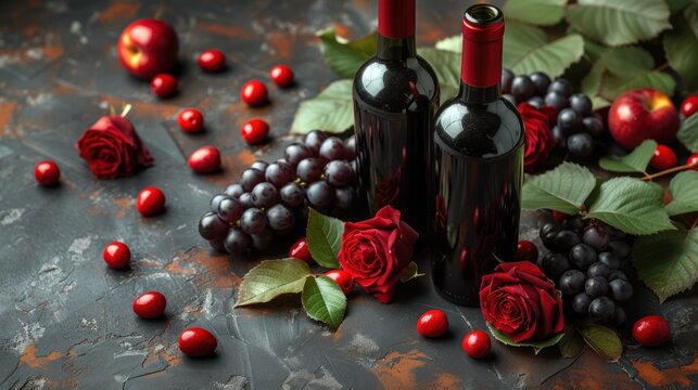  a couple of bottles of wine sitting on top of a table next to a bunch of red roses and a bunch of black grapes next to a couple of red roses.