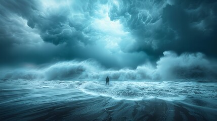 Fototapeta premium Person Facing Dramatic Storm Clouds Over Ocean.