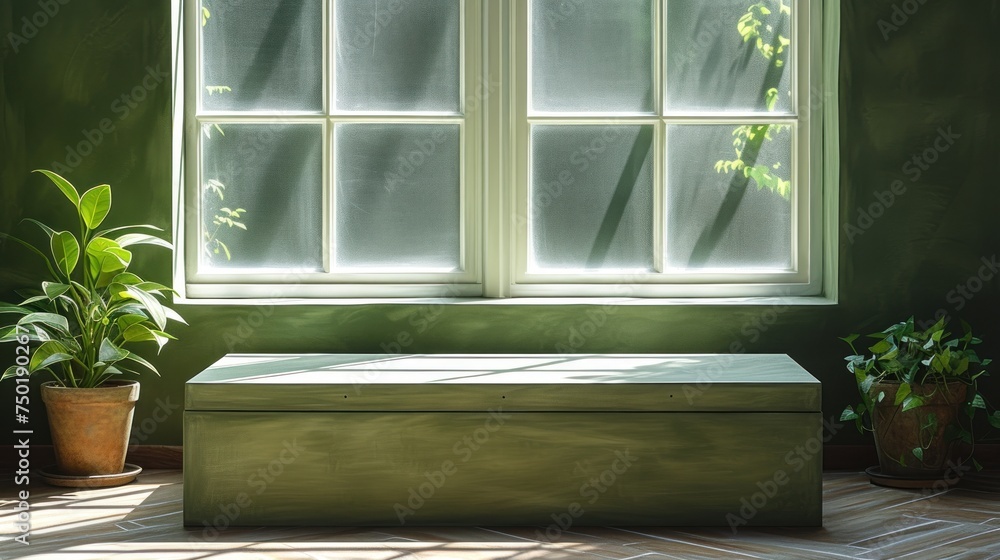 Poster  a box sitting in front of a window with a potted plant next to it and a potted plant on the side of the window sill in front of the window.