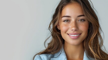 Naklejka premium a young businesswoman with an open, welcoming gesture, wearing a light blue suit and a bright smile