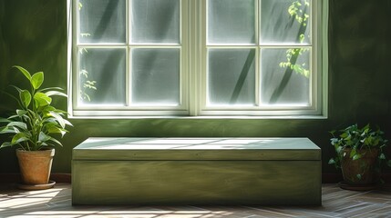  a box sitting in front of a window with a potted plant next to it and a potted plant on the side of the window sill in front of the window.