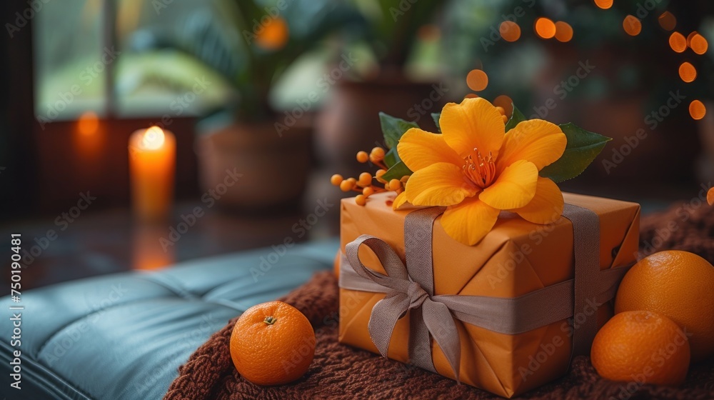 Poster a present wrapped in brown paper with a yellow flower on top of it and oranges on a table next to a 