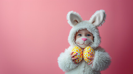 Easter bunny in white costume holding colorful polka dot eggs against a vibrant pink background. This image is perfect for: easter celebrations, spring season, holiday decorations.