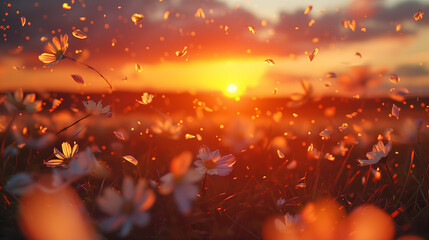 Fototapeta na wymiar sunset in a flower field