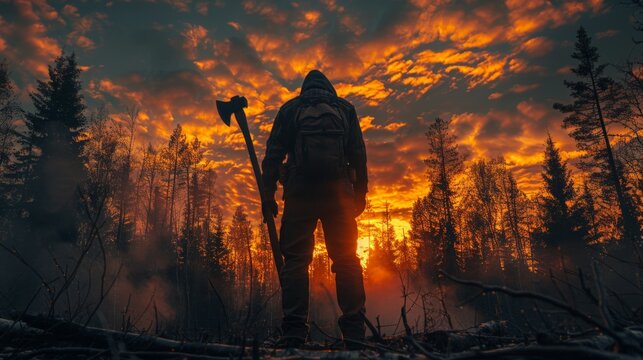 A powerful image of a silhouette of a lumberjack at sunset