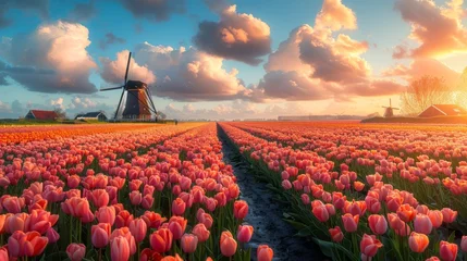 Fototapeten sprawling field of tulips, with a wooden windmill in the distance © olegganko