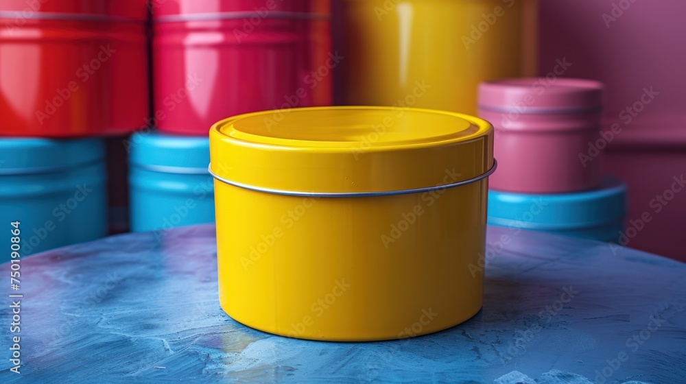 Poster a yellow container sitting on top of a blue table next to a red container with a yellow lid and a pi