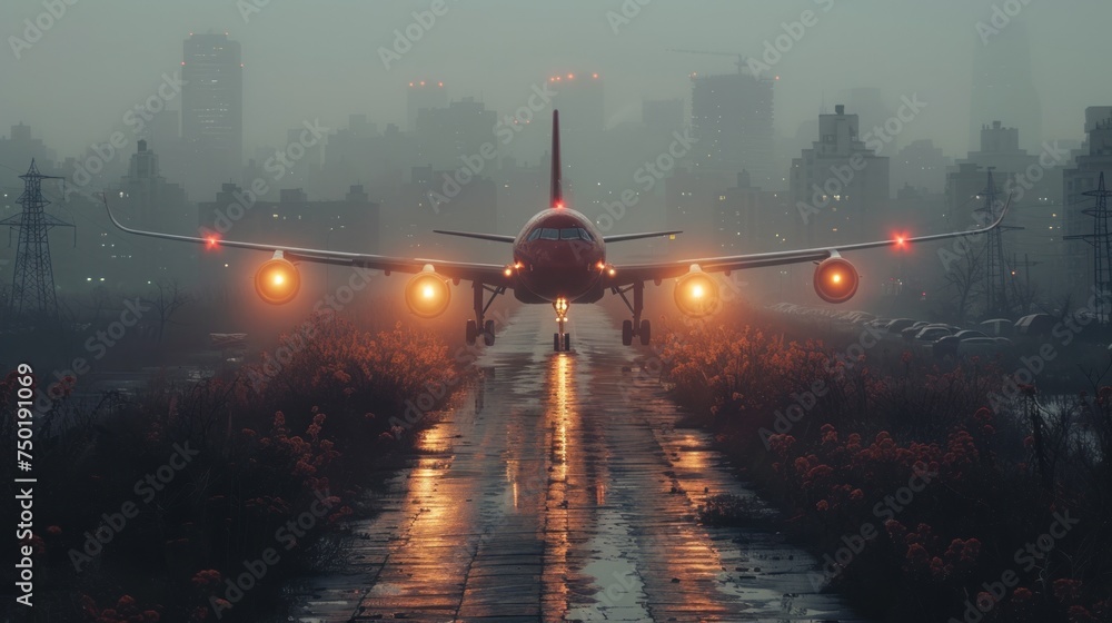 Aufkleber a large jetliner flying through a foggy sky next to a runway with lights on each side of the runway 