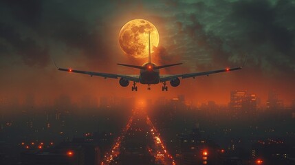  a large jetliner flying through a foggy sky over a city filled with tall buildings and a full moon in the night sky over a cityscapep.