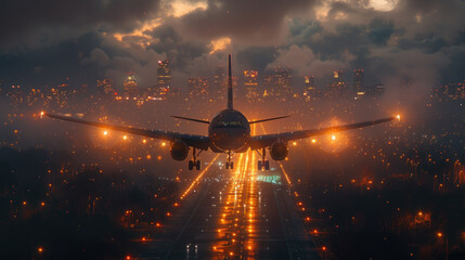  a large jetliner flying through a foggy sky next to a city filled with lots of tall buildings and lit up with street lights and street lights at night.