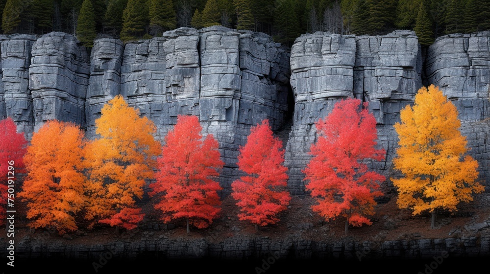 Poster a row of colorful trees in front of a rock formation with pine trees in the foreground and another r