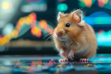 Hamster in front of blurry trading charts, novice in stock exchange and asset market concept. Neural network generated image. Not based on any actual scene or pattern.