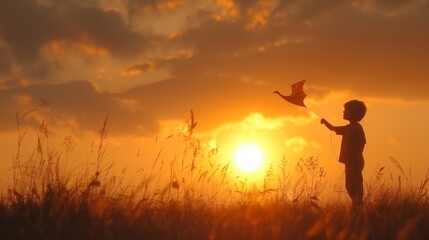a child standing alone in a meadow at sunset, holding a kite shaped like a bird