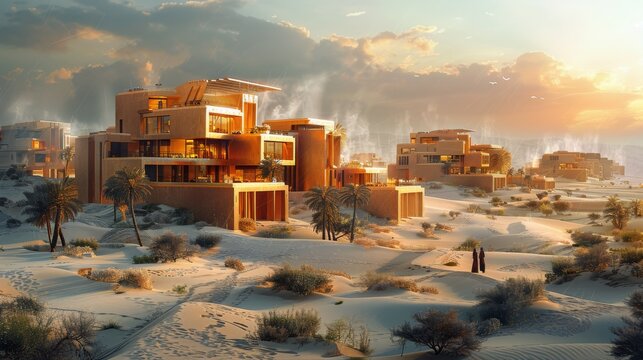 An Artistic Image Of A Modern Desert City