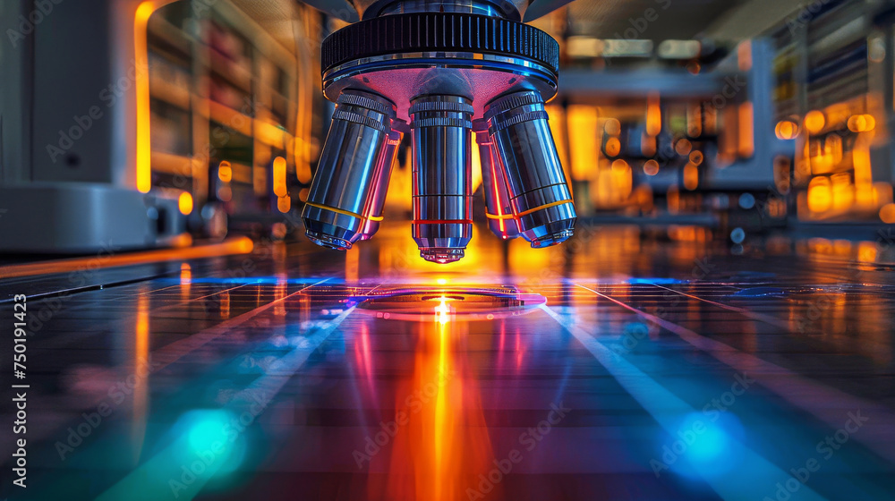 Poster an artistic image of a microscope with a colorful sample illuminated under the lens