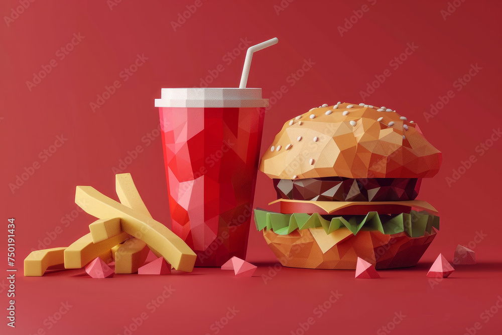 Poster low poly 3d model of a burger and a coke. image highlights details of the geometric forms, creating 