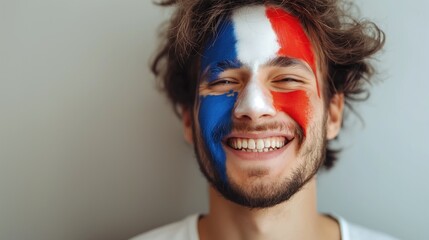 Portrait of happy young man with face painted with flag of France