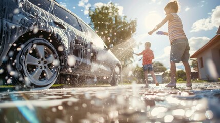 Two young children playfully wash a car on a sunny summer day, surrounded by soap suds and water splashes.