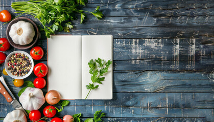 moc-up with space for text, designed to showcase healthy eating recipes. Against a neutral background, various food items, ingredients, and kitchen utensils are arranged in a colorful manner. Banner