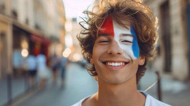 Portrait of happy young man with face painted with flag of France in the street