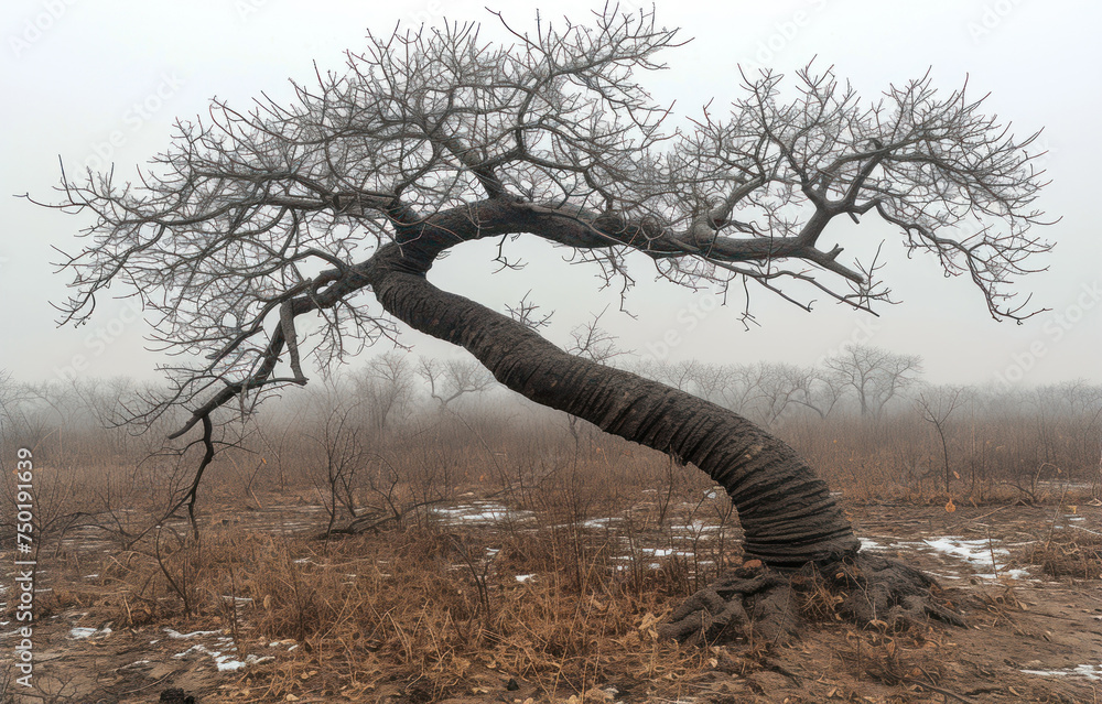 Poster a tree with a twisted trunk in the middle of a field with snow on the ground and bare trees on the o