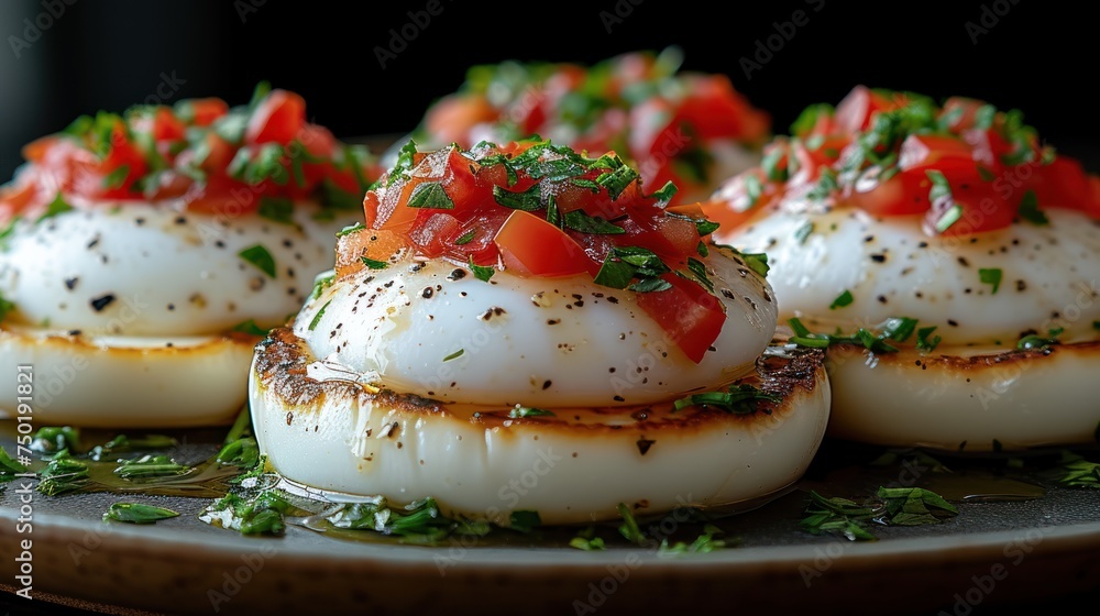 Poster a close up of a plate of food with scallops and tomatoes on top of each of the scallops and garnishm