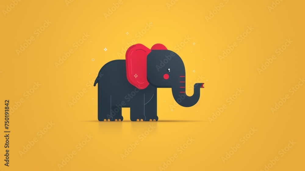 Poster a black elephant with a red blanket on its back and a red blanket on it's back, standing in front of
