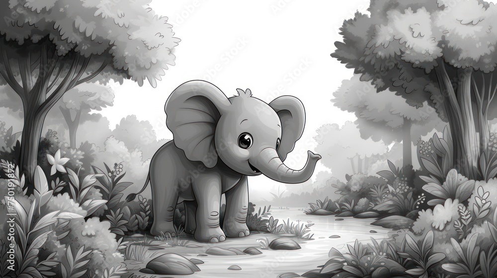 Poster a black and white picture of a baby elephant in a forest with rocks and trees in the foreground and 