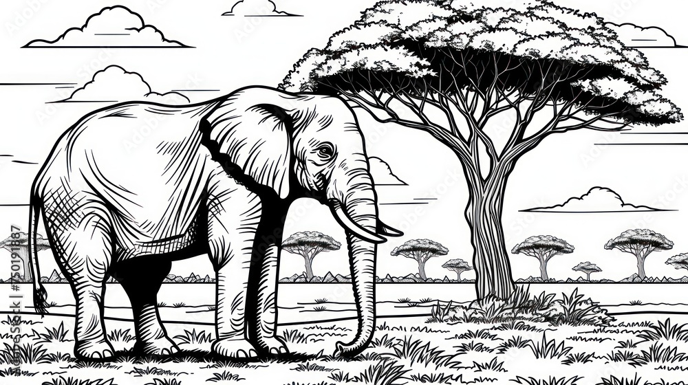 Poster a black and white drawing of an elephant standing in front of a tree with a sky and clouds in the ba
