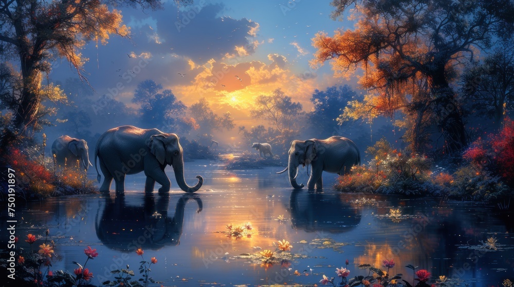 Poster a painting of three elephants walking across a river in the middle of a forest with a sunset in the 