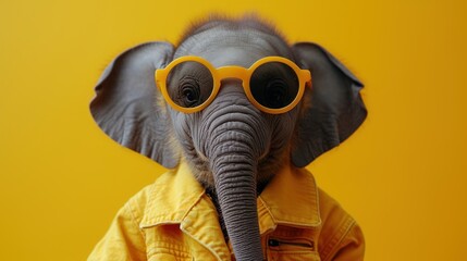  a close up of an elephant wearing yellow sunglasses and a yellow shirt with an elephant's head in the middle of the frame, and a yellow background with a yellow background.