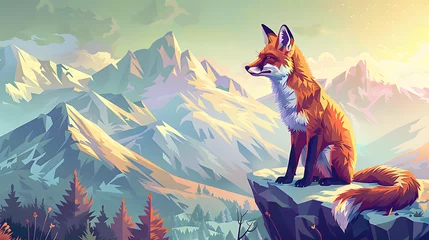 Foto op Canvas illustration of a fox in front of a beautiful landscape, isometric style, geometrical design, Fox on top of the mountain © Prasanth